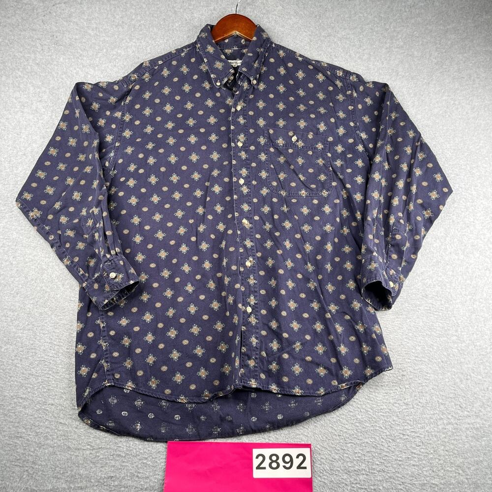 Vintage Members Only Geometric Navy Shirt Button Up Long Sleeve Mens Large